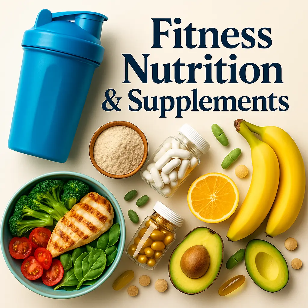 Flat lay of healthy fitness foods and supplements including grilled chicken, vegetables, protein powder, and a shaker bottle labeled 'Fitness Nutrition & Supplements'.