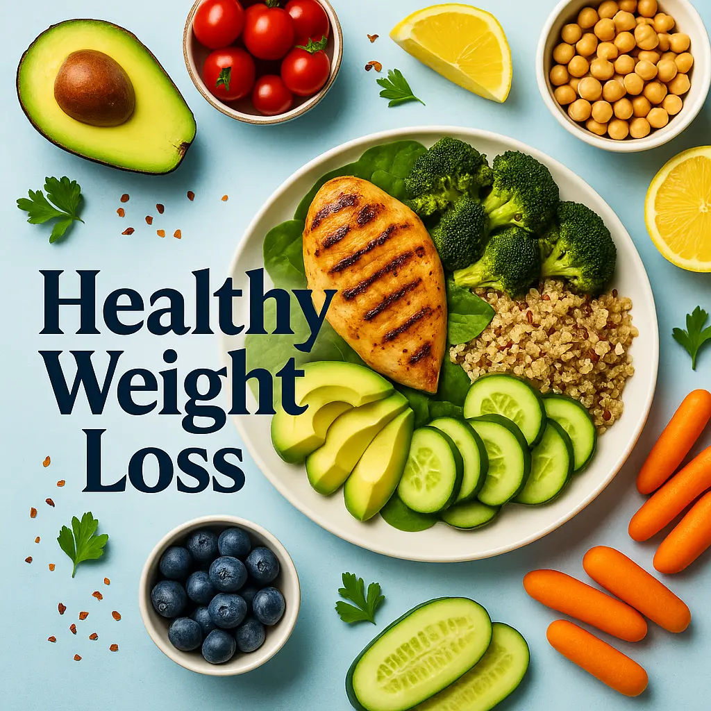 Overhead view of a balanced weight-loss meal featuring grilled chicken, quinoa, avocado, and fresh vegetables with the title 'Healthy Weight Loss'.