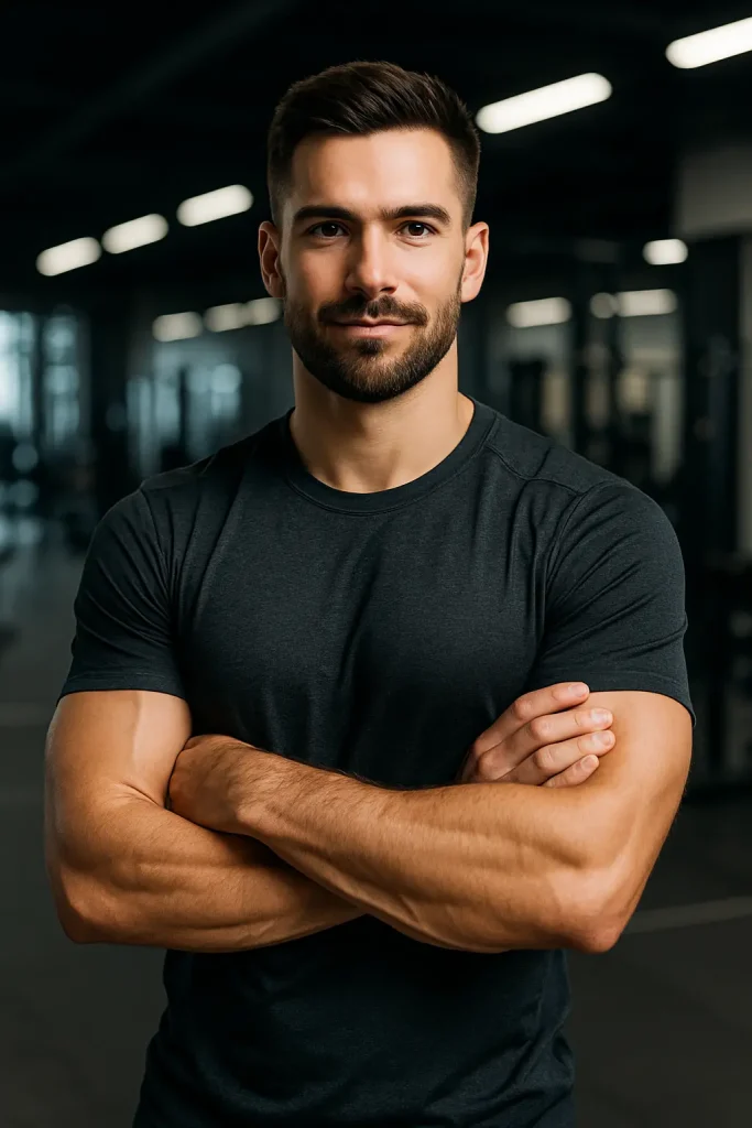 Portrait of Alex Sam, the fictional founder of FitHint.com, standing confidently in a modern gym wearing a black athletic shirt.