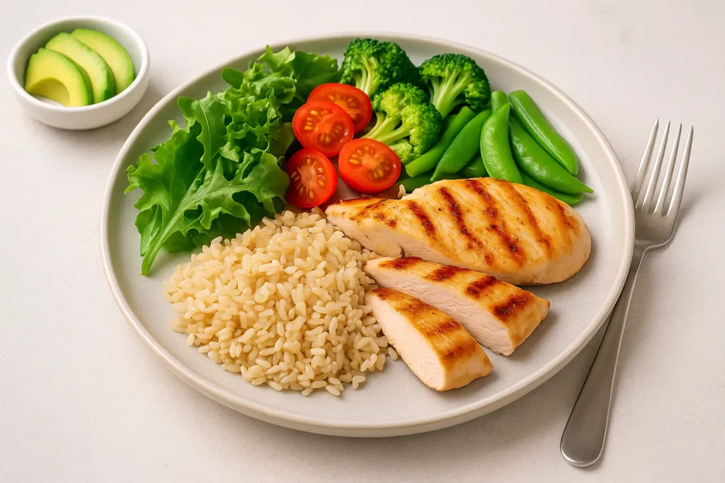 A vibrant and healthy weight loss meal with grilled chicken, avocado, and mixed greens