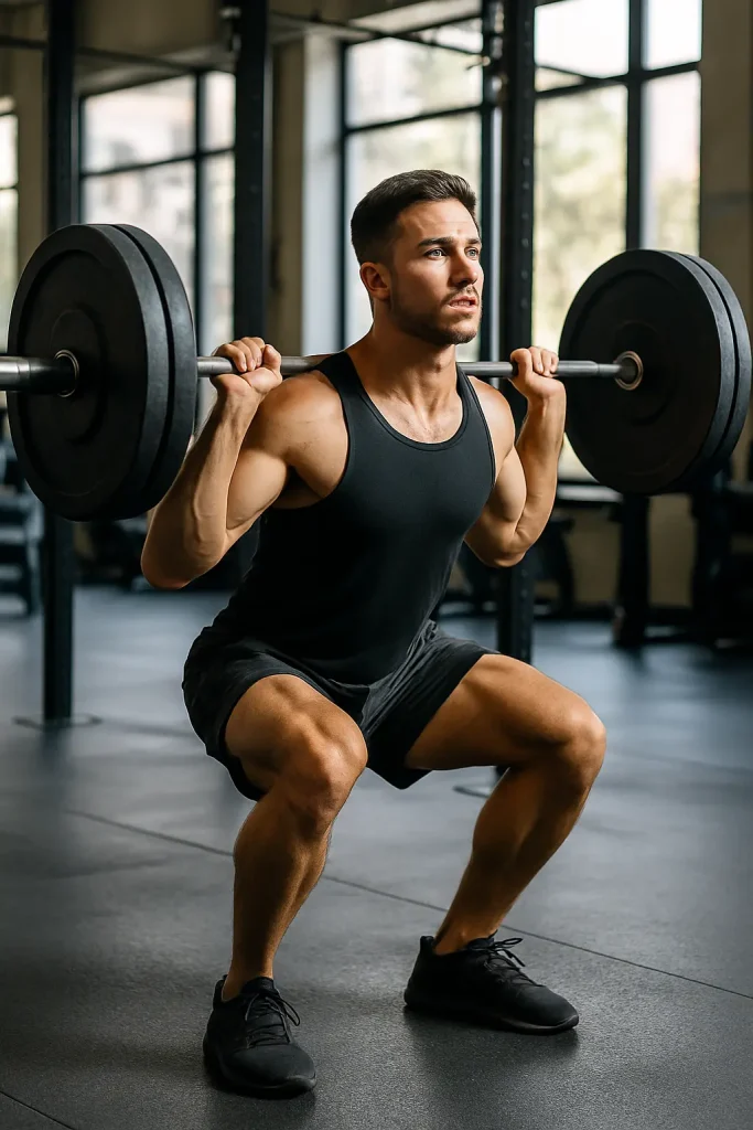 Muscular man performing barbell squats in gym, showcasing defined leg muscles during leg workout