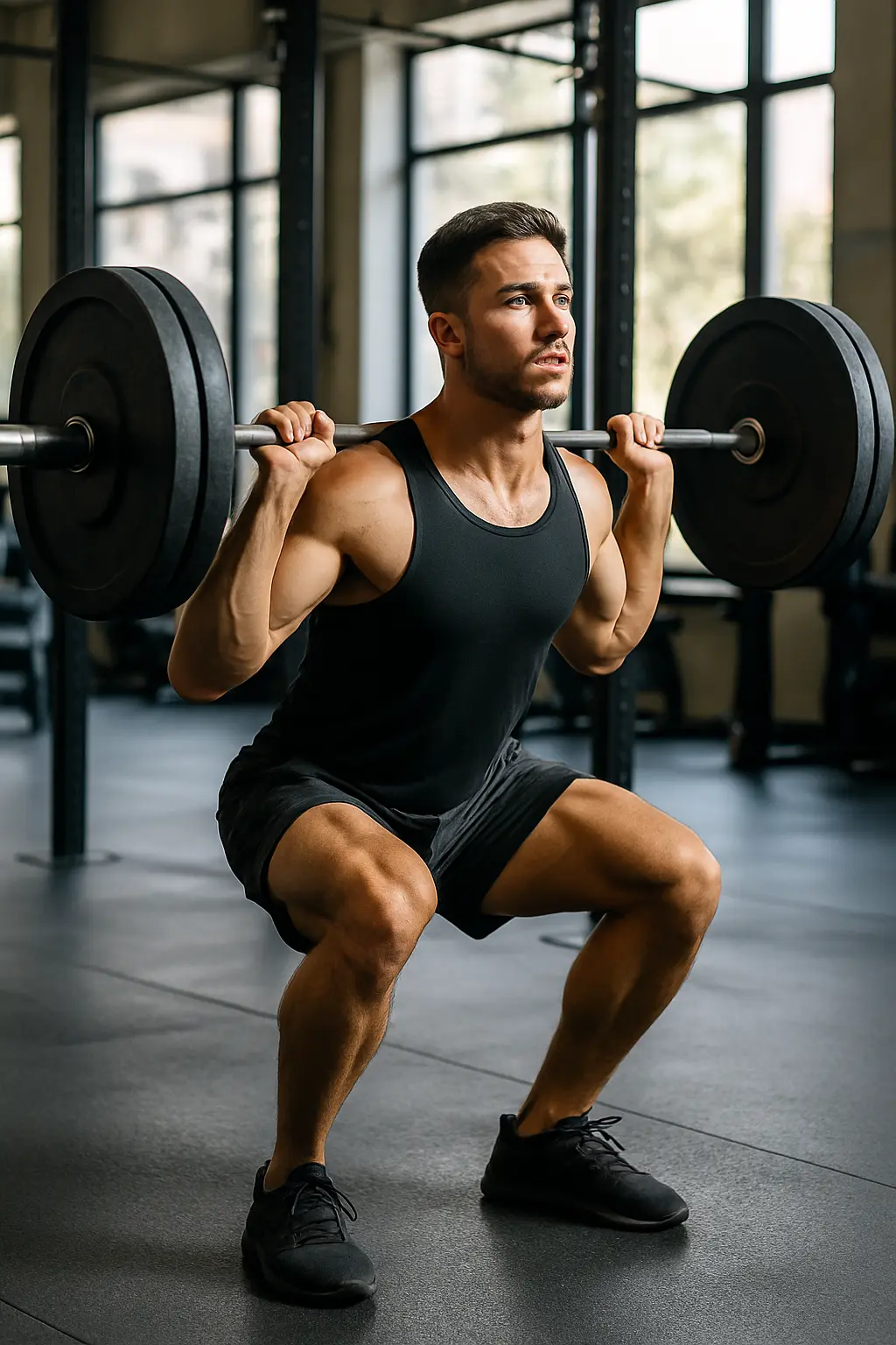 Muscular man performing barbell squats in gym, showcasing defined leg muscles during leg workout