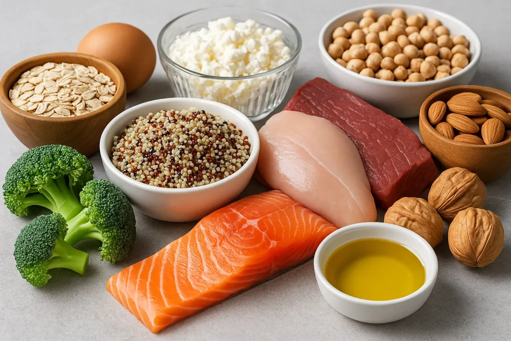 Balanced plate showing healthy carbs, proteins, and fats – macronutrient-rich foods