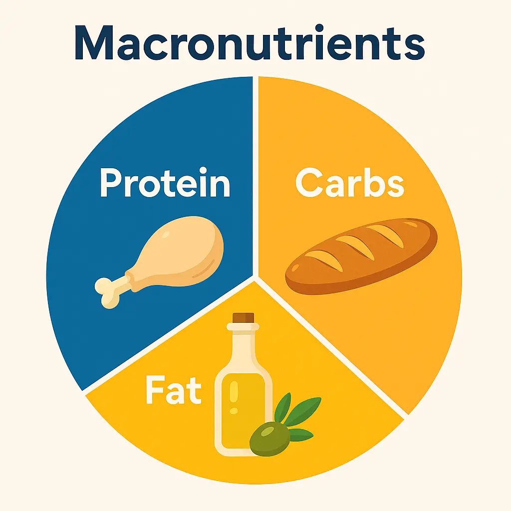 Colorful infographic showing the breakdown of macronutrients including carbs, proteins, and fats with their roles in fitness and health
