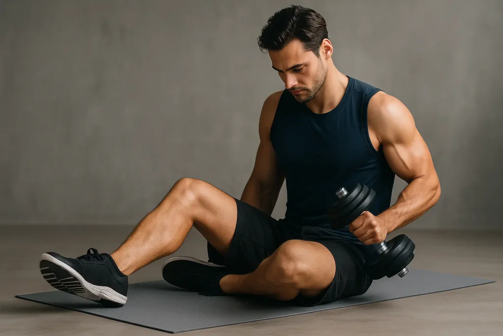 Fit muscular man performing weight loss exercise with dumbbells on a mat indoors
