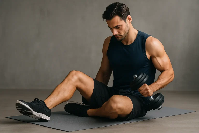 Fit muscular man performing weight loss exercise with dumbbells on a mat indoors