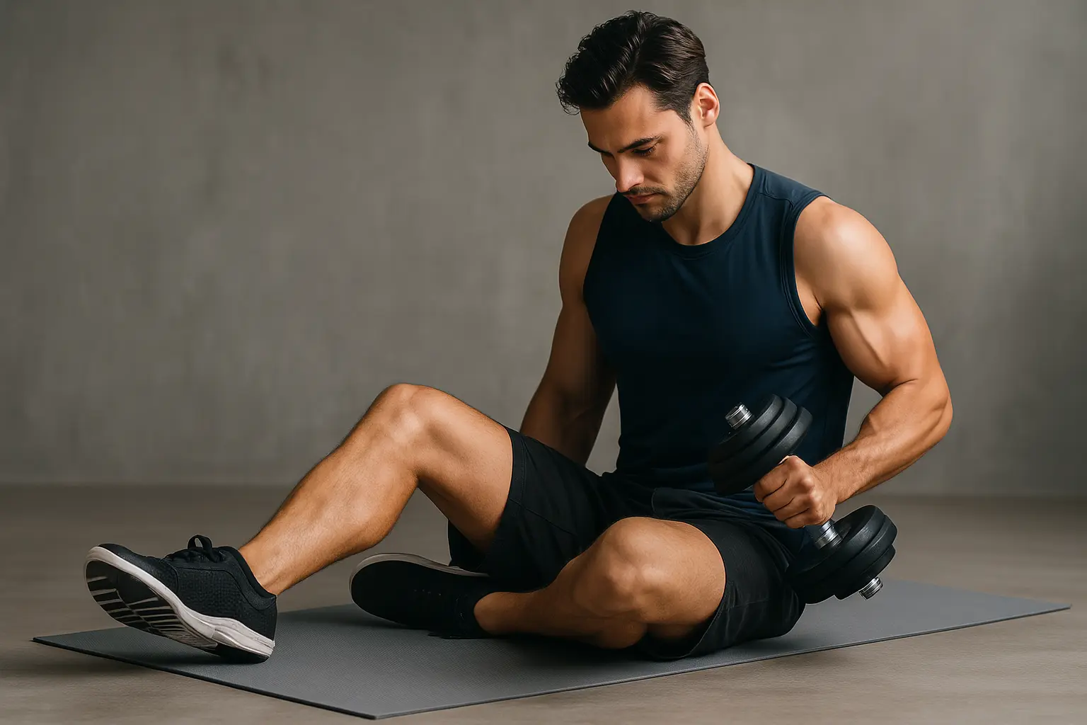Fit muscular man performing weight loss exercise with dumbbells on a mat indoors