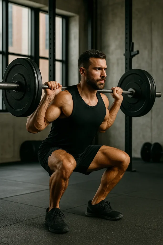 Leg workouts – muscular man training legs in the gym with intensity and focus