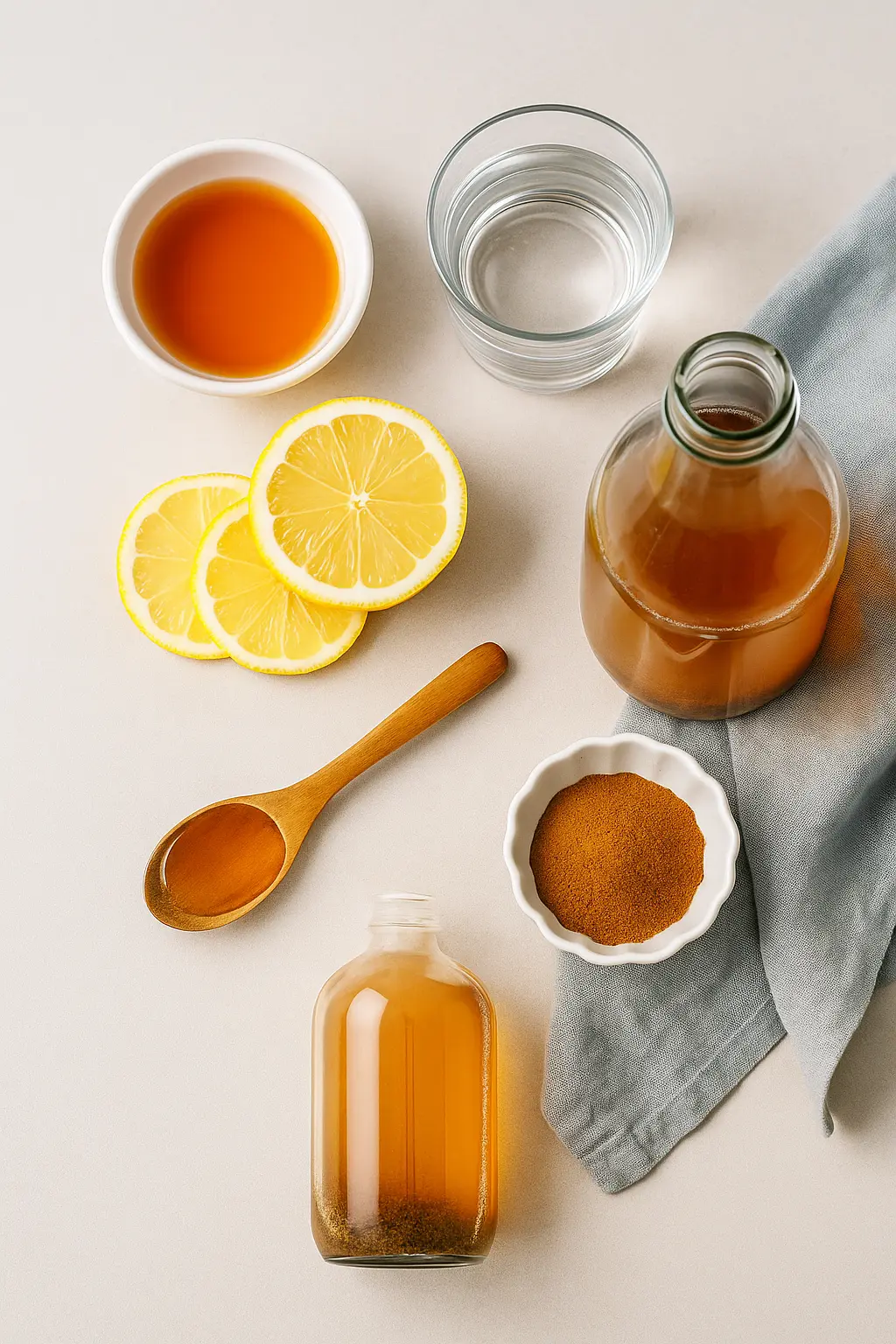 Ingredients for a natural weight loss recipe with apple cider vinegar on a clean kitchen background